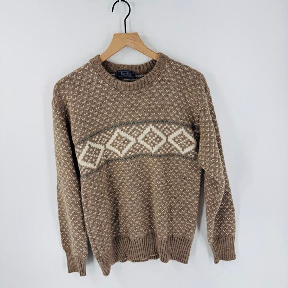 Vintage Finalist Wool Fair Isle Knit Sweater Brown Beige Geometric Pullover (M) - Picture 1 of 5
